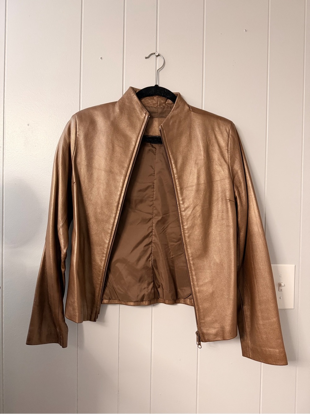 Women's Metallic Bronze Zip-Front Leather Jacket